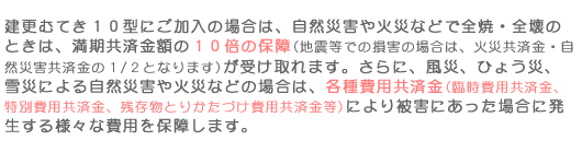 建更むてき10型にご加入の場合は、自然災害や火災などで全焼・全壊のときは、満期共済金額の
10倍の保障(地震等で全壊の場合は5倍保障)が受け取れます。さらに、風災・ひょう災・雪災による
自然災害や火災などの場合は各種費用共済金、臨時費用共済金、特別費用共済金、残存物とりかたづけ費用共済金も受け取れます。